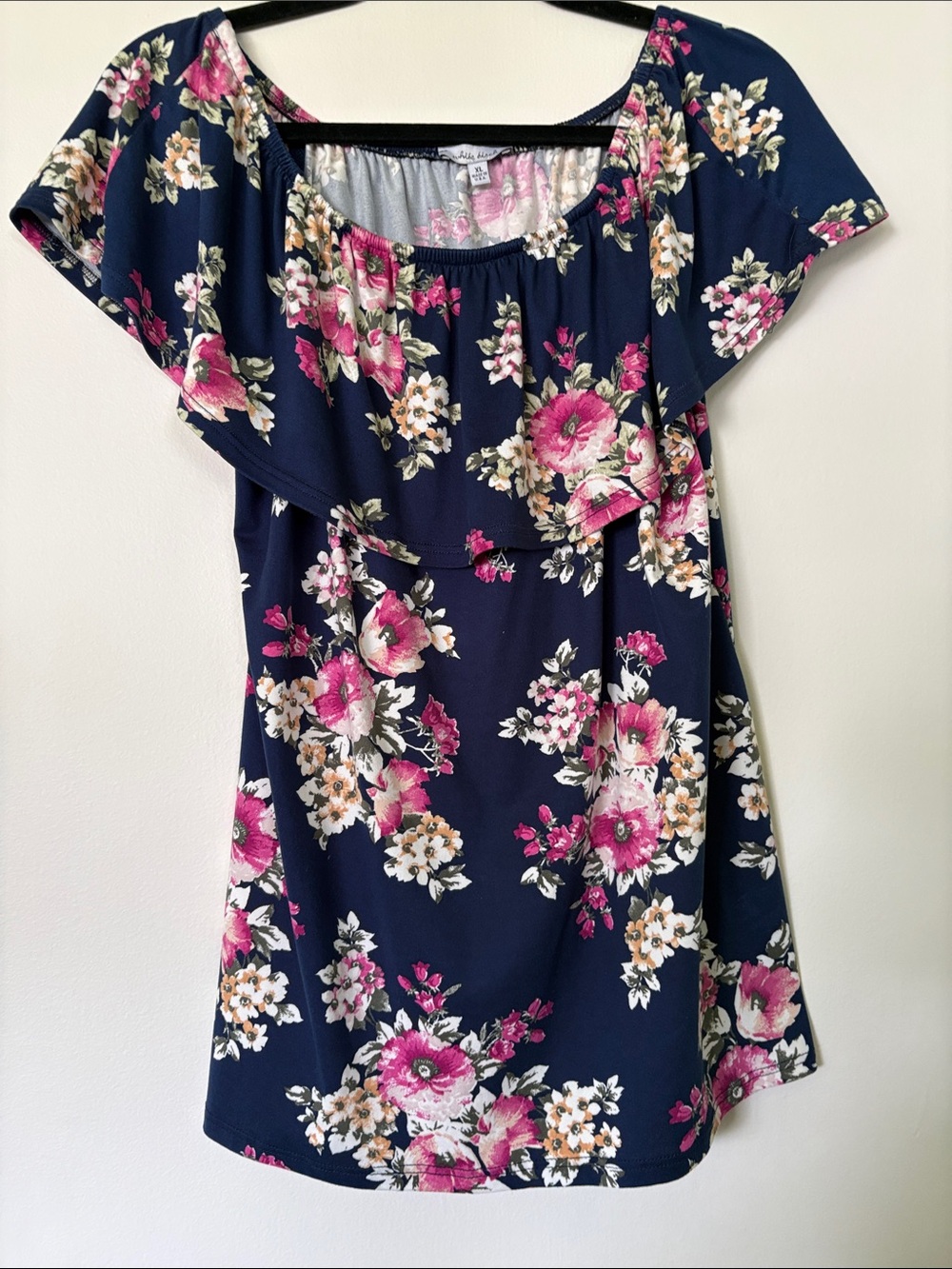white birch Navy Floral Ruffle Dress with Pink & Cream Blooms